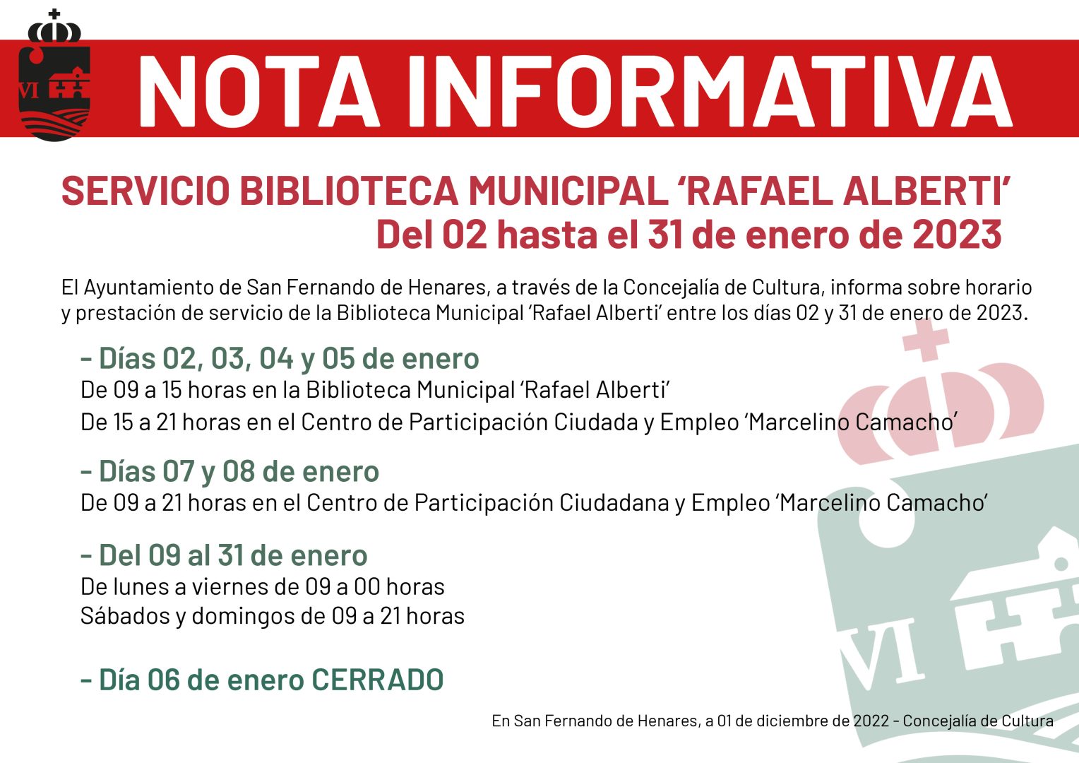 NOTA INFORMATIVA: Horario y ubicación de prestación de servicio de la Biblioteca Municipal 'Rafael Alberti'