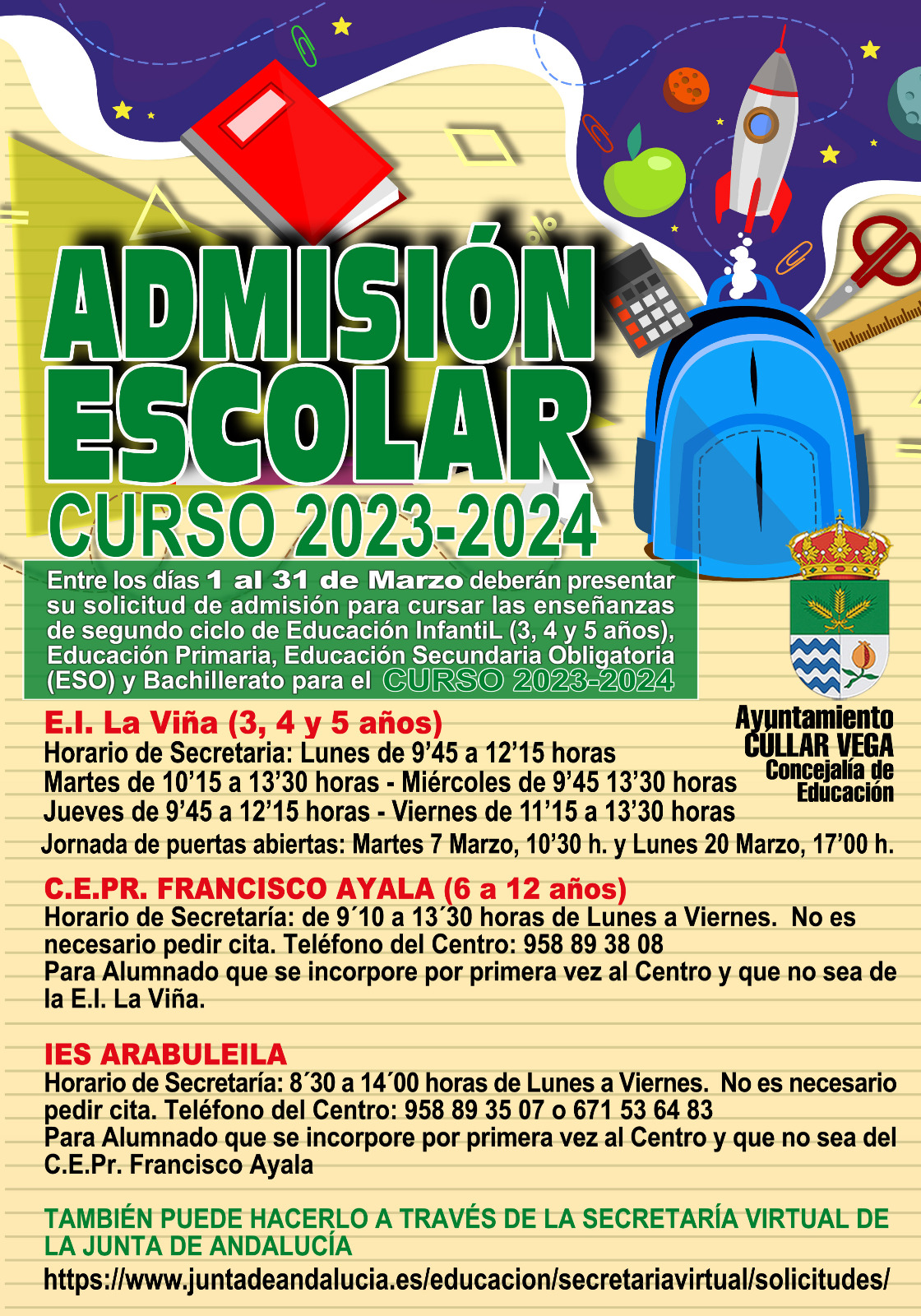 ADMISIÓN ESCOLAR CURSO 2023-2024 - Ayto. Cúllar Vega