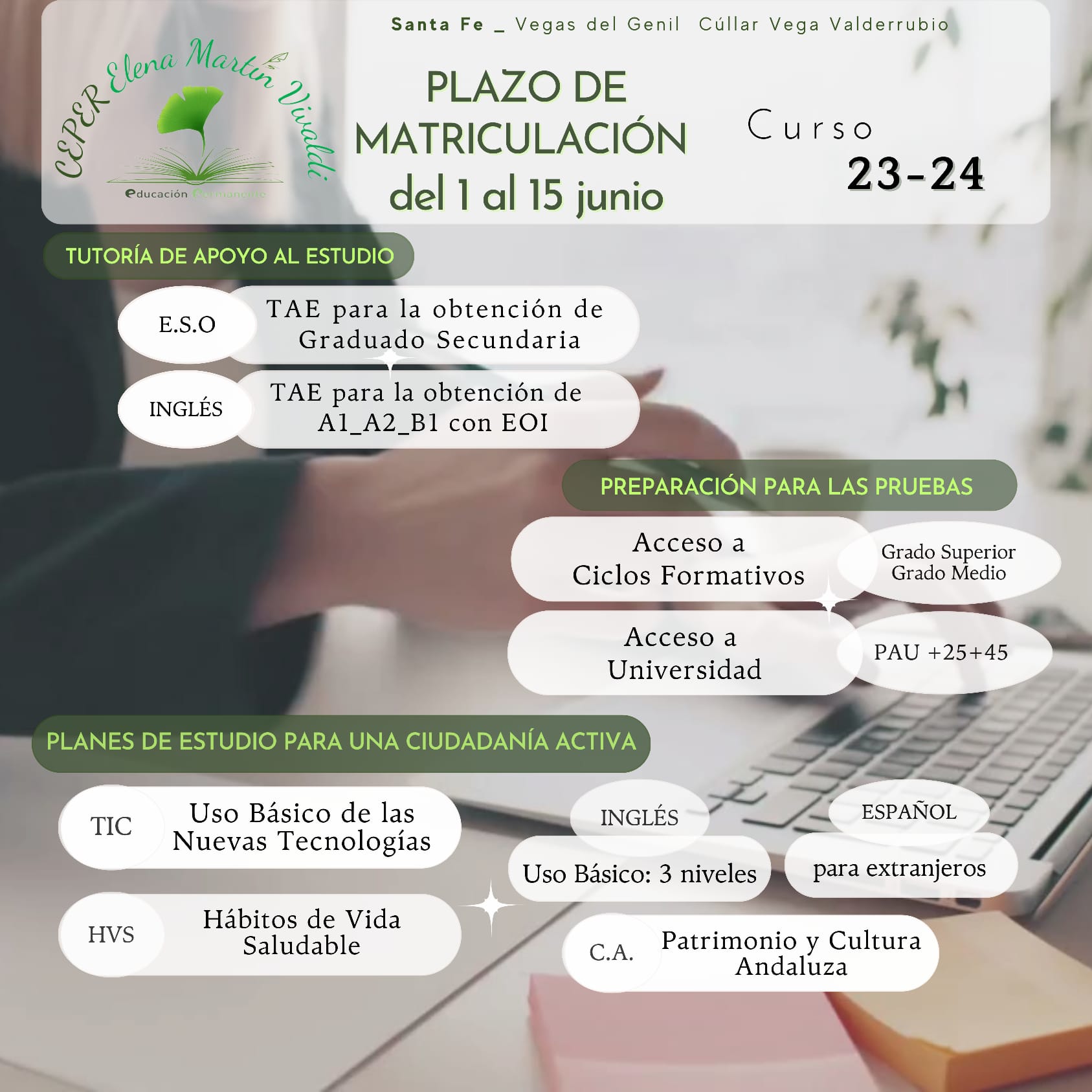Información sobre matriculación en el Centro Público de Educación de Personas Adultas Elena Martín