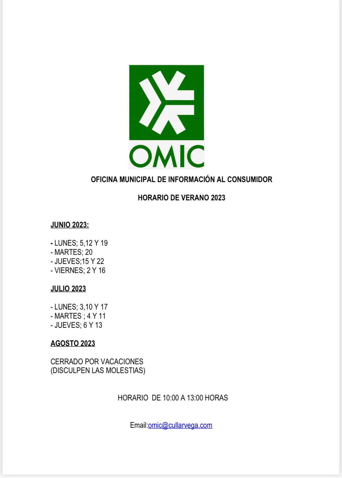 Horario de la oficina de atención al consumidor (OMIC) para los meses estivales de 2023