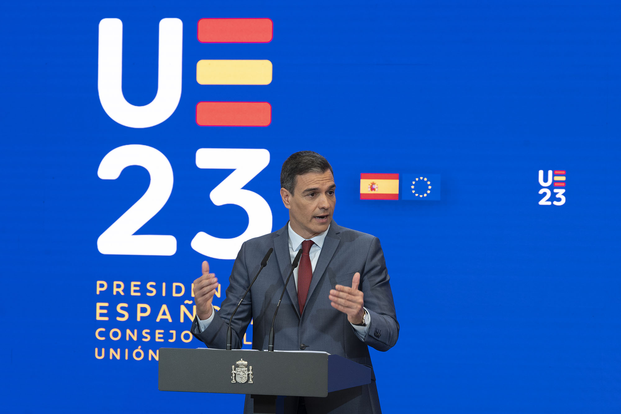 La Moncloa. 15/06/2023. Pedro Sánchez presenta las prioridades de la Presidencia española del Consejo de la Unión Europea [Presidente/Actividad]