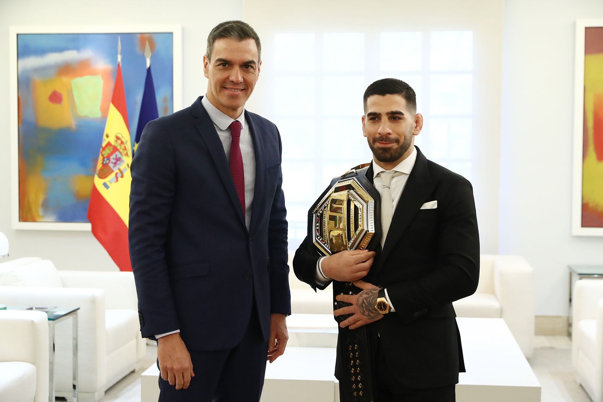 La Moncloa. 27/02/2024. Pedro Sánchez recibe a Ilia Topuria, campeón del mundo de peso pluma de la UFC [Presidente/Actividad]