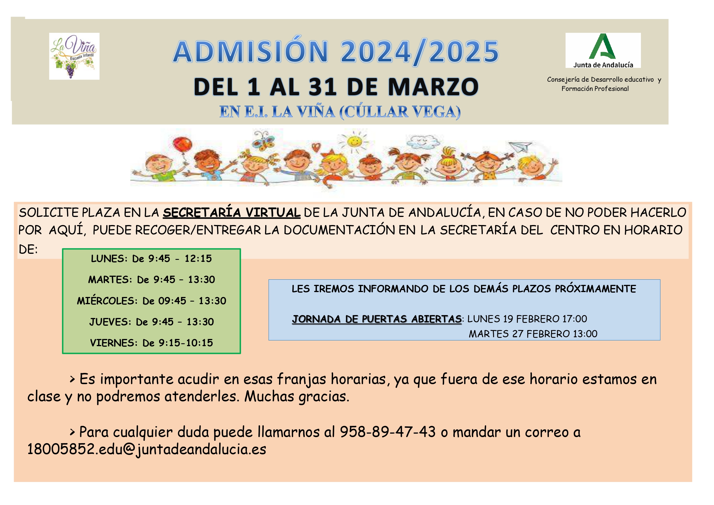 Plazo de admisión en la Escuela Infantil La Viña para el curso 24-25 y fechas de jornadas abiertas