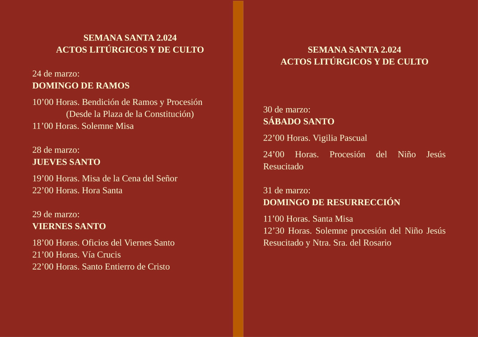 Programación de actos litúrgicos y de culto Semana Santa 2024